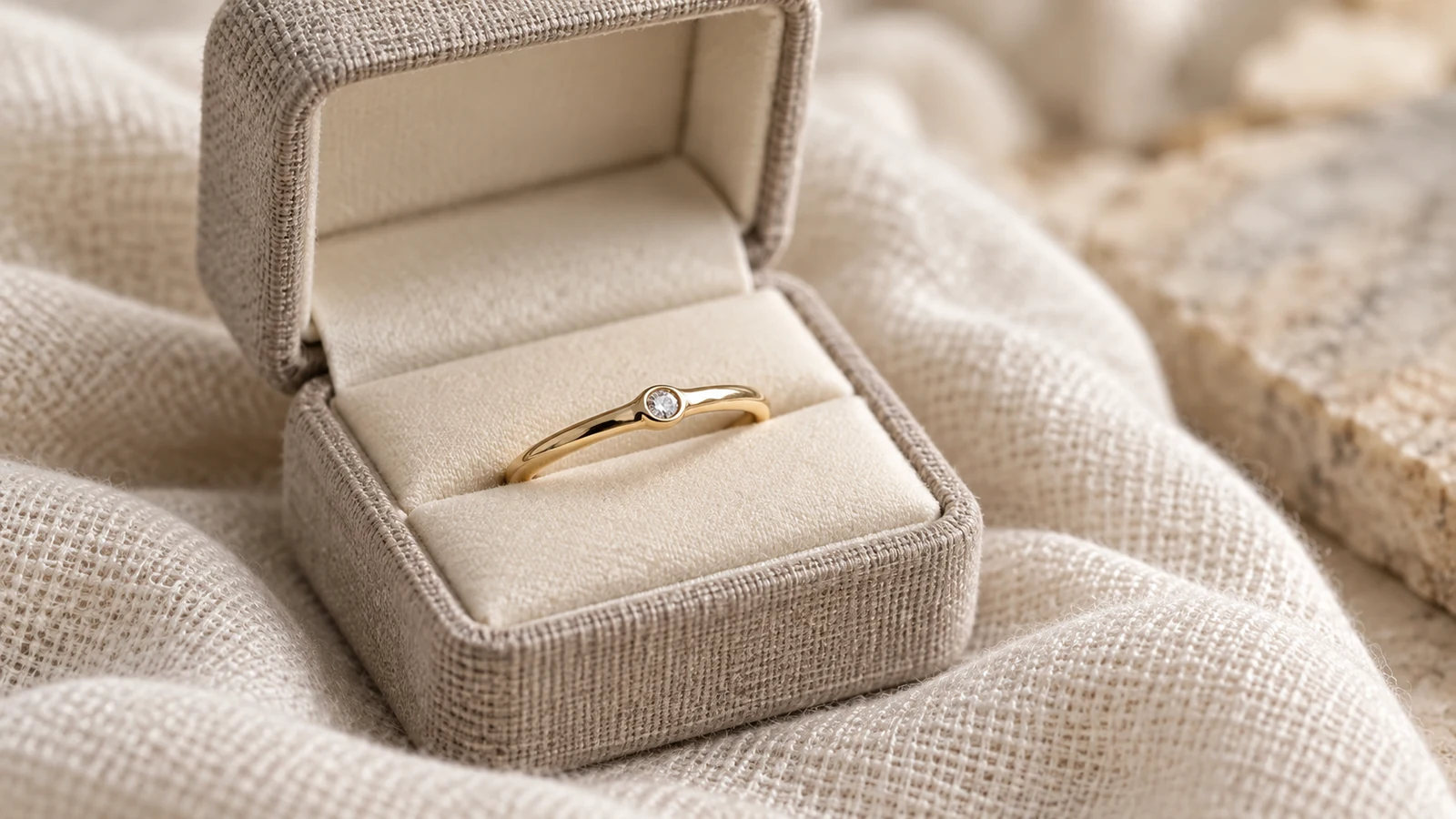 Slim gold ring with a small pale gemstone in an ivory-lined linen ring box.